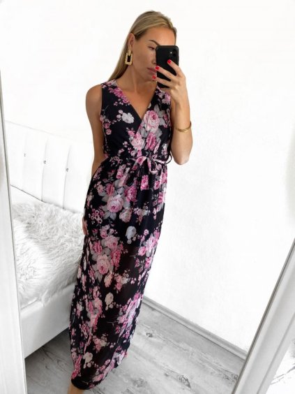 Šaty dlouhé letní na ramínka dámské (S/M ONE SIZE) ITALSKÁ MÓDA IMD23231-4/DU (Velikost S/M/L, Barva Černá)