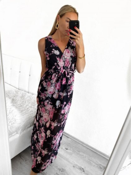 Šaty dlouhé letní na ramínka dámské (S/M ONE SIZE) ITALSKÁ MÓDA IMD23231-4/DU (Velikost S/M/L, Barva Černá)