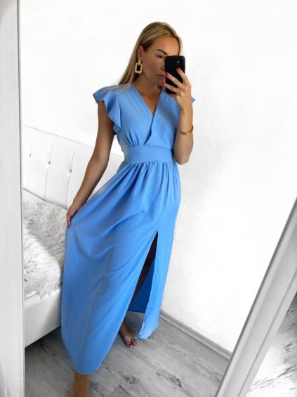 Šaty dlouhé elegantní letní bez rukávu s volánky dámské (S/M ONE SIZE) ITALSKÁ MÓDA IMWB23318/DUR (Velikost S/M/L, Barva světle modrá)