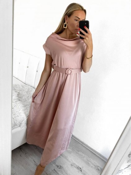 Šaty dlouhé společenské saténové s páskem bez rukávu dámské (S/M ONE SIZE) ITALSKÁ MÓDA IMM23M8205/DU (Velikost S/M/L, Barva béžová)
