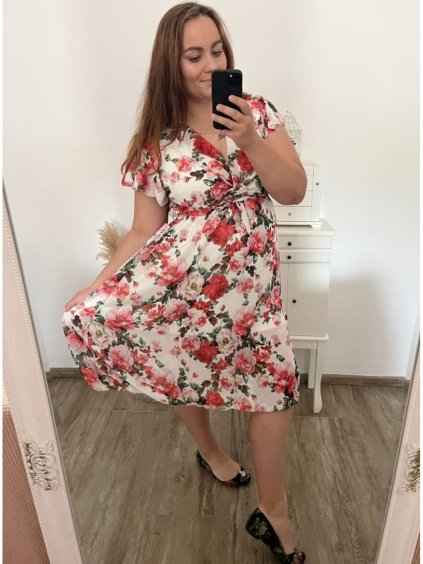 Šaty šifonové krátký rukáv dámské nadrozměr (XL/2XL ONE SIZE) ITALSKÁ MÓDA IMWGM231263D/DR (Velikost XL/2XL, Barva bílá)