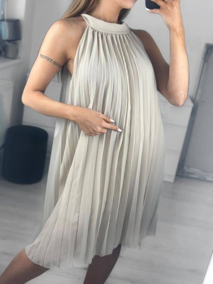 Šaty letní skládané šifonové bez rukávů dámské (S/M/L ONE SIZE) ITALSKÁ MÓDA IMWY231072/DU (Velikost M/L, Barva béžová)