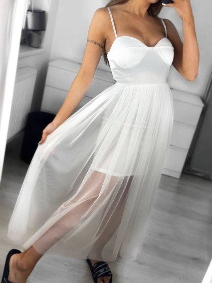 Šaty dlouhé společenské na ramínka dámské (S/M ONE SIZE) ITALSKÁ MÓDA IMM23M21840/DU (Velikost S/M/L, Barva bílá)