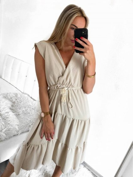 Šaty letní s páskem krátký rukáv dámské (S/M ONE SIZE) ITALSKÁ MÓDA IMM23M7739/DUR (Velikost S/M/L, Barva béžová)