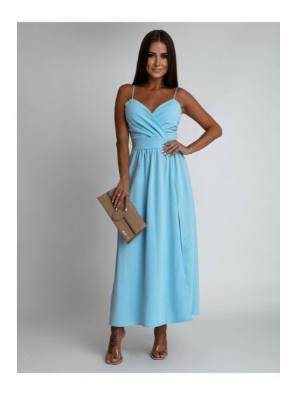 Šaty dlouhé elegantní společenské na ramínka dámské (S/M ONE SIZE) POLSKÁ MÓDA IMLAZ23HP5899/DUR (Velikost S/M/L, Barva světle modrá)