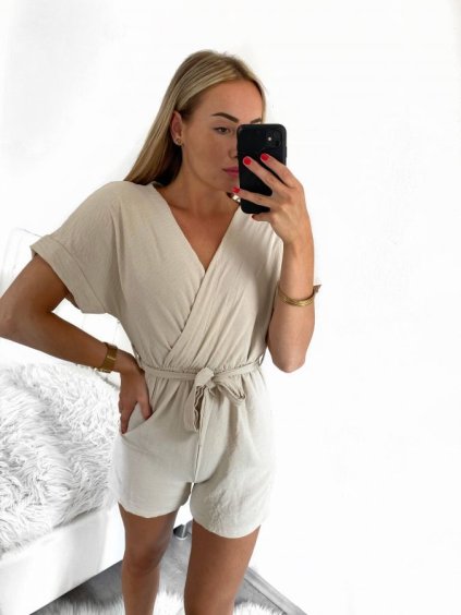 Overal krátký letní krátký rukáv dámský (S/M ONE SIZE) ITALSKÁ MÓDA IMM23M13226/DU (Velikost S/M/L, Barva béžová)