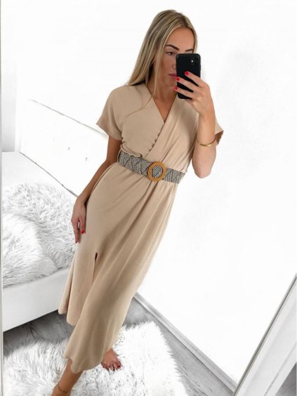 Šaty dlouhé s páskem krátký rukáv dámské (S/M ONE SIZE) ITALSKÁ MÓDA IMWA231372/DUR (Velikost S/M/L, Barva béžová)