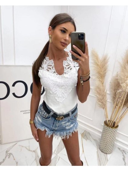 Body elegantní krajkové bez rukávů dámské (S/M ONE SIZE) ITALSKÁ MÓDA IMM22201 (Velikost S/M/L, Barva bílá)