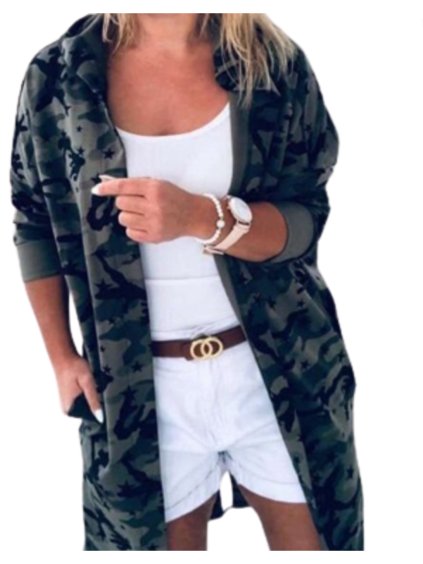 Cardigan s kapsičkami a kapucí 3/4 rukáv dámský maskáč (uni s/l) ITALSKá MóDA IM4223121/DR (Velikost M/L, Barva zelená khaki)