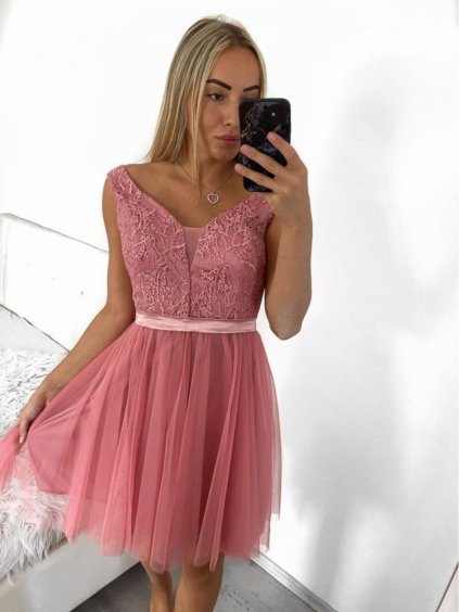 Šaty elegantní společenské na ramínka dámské (S/M ONE SIZE) ITALSKÁ MÓDA IMPSH23C612/DU (Velikost S/M/L, Barva růžová starorůžová)