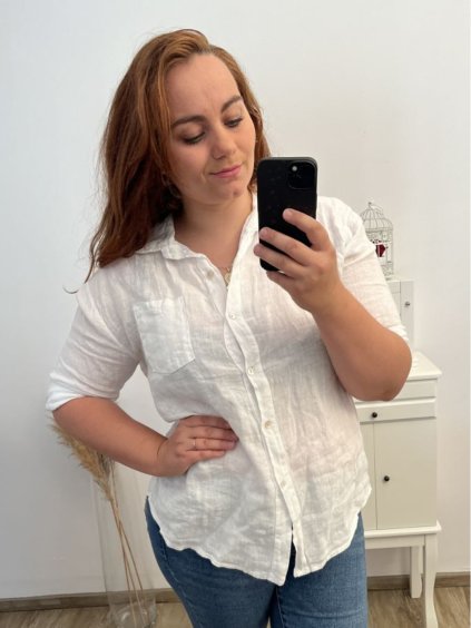 Košile lněná   3/4 rukáv dámská nadrozměr (XL/2XL ONE SIZE) ITALSKá MóDA IM723BAGGA/DR (Velikost XL/2XL, Barva bílá)