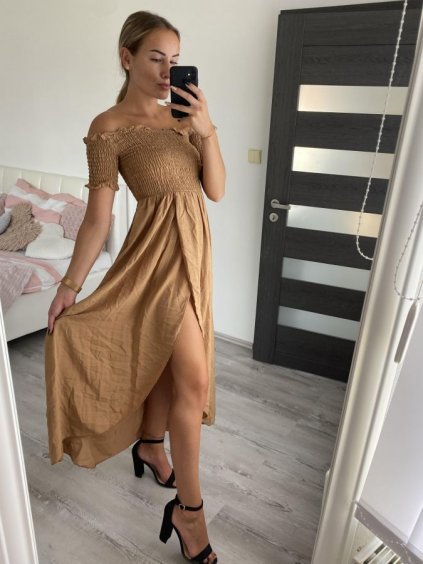 Šaty carmen dlouhé letní přes ramena dámské (S/M ONE SIZE) ITALSKÁ MÓDA IMM23M5350/DU (Velikost S/M/L, Barva hnědá)