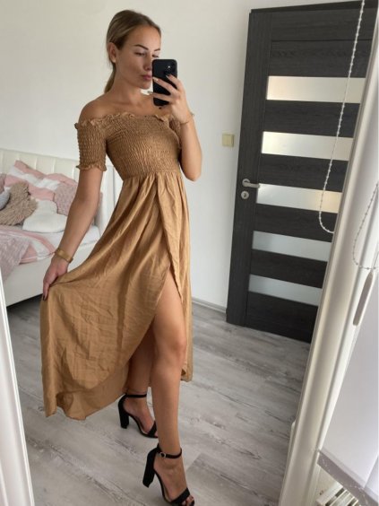 Šaty carmen dlouhé letní přes ramena dámské (S/M ONE SIZE) ITALSKÁ MÓDA IMM23M5350/DU (Velikost S/M/L, Barva hnědá)
