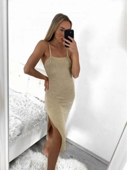 Šaty dlouhé pletené letní na ramínka dámské (S/M ONE SIZE) ITALSKÁ MÓDA IMPLP2323392011/DU (Velikost S/M/L, Barva zlatá)
