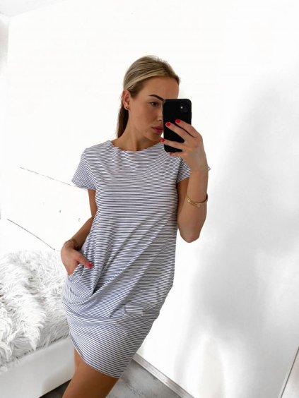 Šaty klasik krátký rukáv dlouhé letní proužek dámské (uni M/L)  ITALSKá MODA IM723PROUZ/DU (Velikost M/L, Barva modrá)