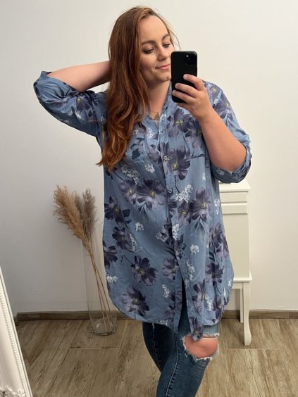 Prodloužená Košile 3/4 rukáv nadrozměr dámské (2XL/3XL ONE SIZE) ITALSKÁ MÓDA IM523FLOWER/DU (Velikost 2XL/3XL, Barva bílá)