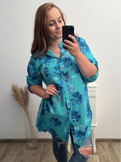 Prodloužená Košile 3/4 rukáv nadrozměr dámské (2XL/3XL ONE SIZE) ITALSKÁ MÓDA IM523FLOWER/DU (Velikost 2XL/3XL, Barva bílá)