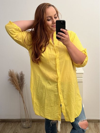 Prodloužená Košile 3/4 rukáv nadrozměr dámské (2XL/3XL ONE SIZE) ITALSKÁ MÓDA IM523MINDY/DU (Velikost 2XL/3XL, Barva béžová)