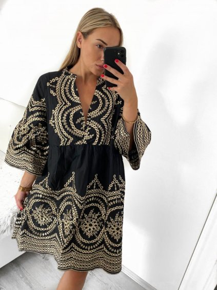 Šaty letní košilové s dlouhým rukávem dámské (S/M/L/XL ONE SIZE) ITALSKÁ MÓDA IMF23DR3047/DU (Velikost L/XL, Barva Černá)