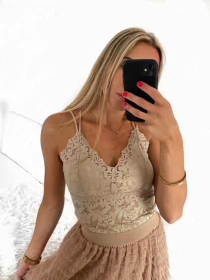 Top croptop krajkový na ramínka dámský (S/M ONE SIZE) ITALSKÁ MÓDA IMPMD231041a/DU (Velikost S/M/L, Barva béžová)