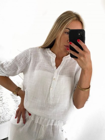 Tunika košilová bavlněná oversize dlouhý rukáv dámská (S/M/L/XL ONE SIZE) ITALSKÁ MÓDA IM7234286/DU (Velikost L/XL, Barva bílá)