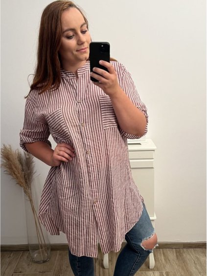 Prodloužená Košile 3/4 rukáv nadrozměr dámské (2XL/3XL ONE SIZE) ITALSKÁ MÓDA IM523STRIP/DR (Velikost 2XL/3XL, Barva fialová)