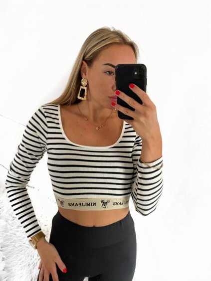 Top croptop dlouhý rukáv dámský proužek (S/M ONE SIZE) ITALSKÁ MÓDA IMPMD2327358/DU (Velikost S/M/L, Barva bílá)
