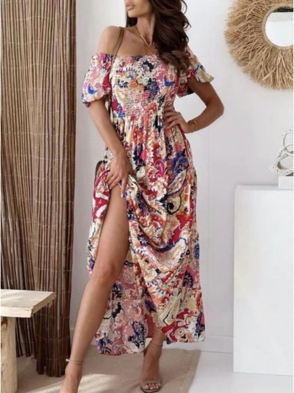 Šaty dlouhé letní carmen přes ramena dámské (S/M ONE SIZE) ITALSKÁ MÓDA IMM23M9550/DU (Velikost S/M/L, Barva červená)