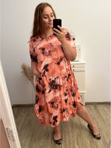 Šaty volnočasové krátký rukáv dámské nadrozměr (XL/2XL/3XL ONE SIZE) ITALSKá MóDA IM323LEJLA/DR (Velikost 2XL/3XL, Barva oranžová)