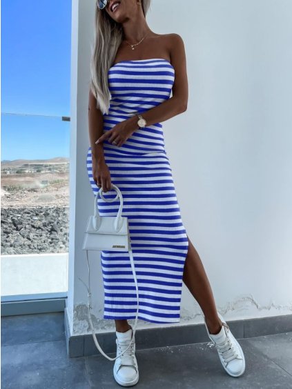 Šaty dlouhé letní carmen dámské proužek (S/M/ ONE SIZE) ITALSKÁ MÓDA IMD23458/DU (Velikost S/M/L, Barva světle modrá)