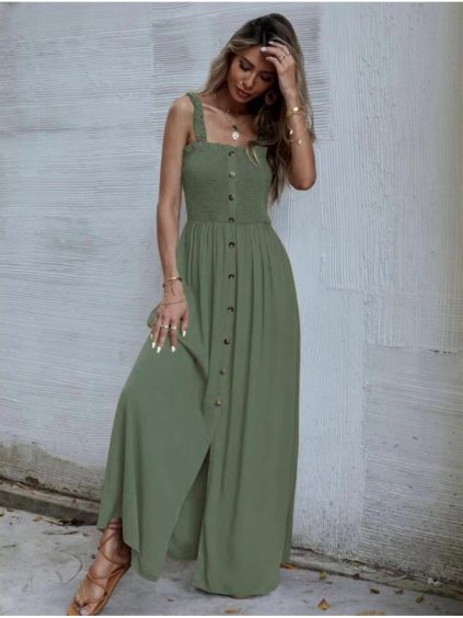 Šaty dlouhé letní žabičkované na ramínka dámské (S/M ONE SIZE) ITALSKÁ MÓDA IMD22478/DUR (Velikost S/M/L, Barva zelená khaki)