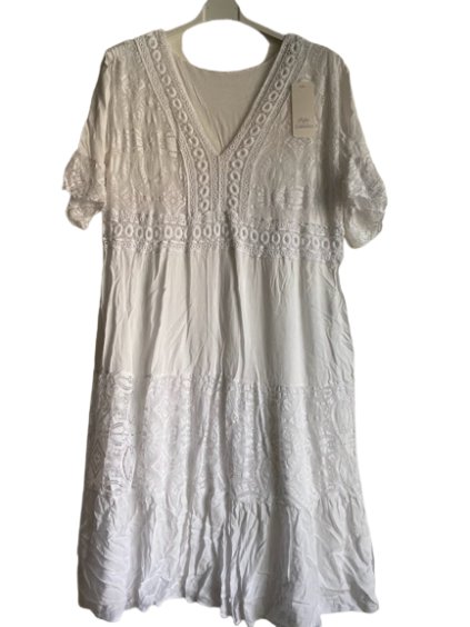 Šaty krajkové letní krátký rukáv dámské nadrozměr (XL/2XL ONE SIZE) ITALSKÁ MÓDA IMD23LUCA/DUR (Velikost XL/2XL, Barva bílá)
