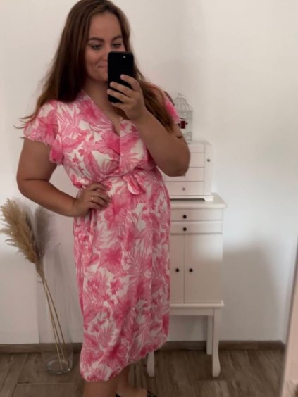 Šaty šifonové krátký rukáv dámské nadrozměr (XL/2XL ONE SIZE) ITALSKÁ MÓDA IMWGM231263F/DR (Velikost XL/2XL, Barva růžová)