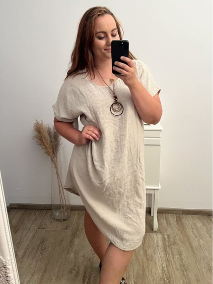 Šaty letní mušelín krátký rukáv nadrozměr dámské (2XL/3XL/4XL ONE SIZE) ITALSKÁ MÓDA IM423MUSE/DR (Velikost 3XL/4XL, Barva béžová)