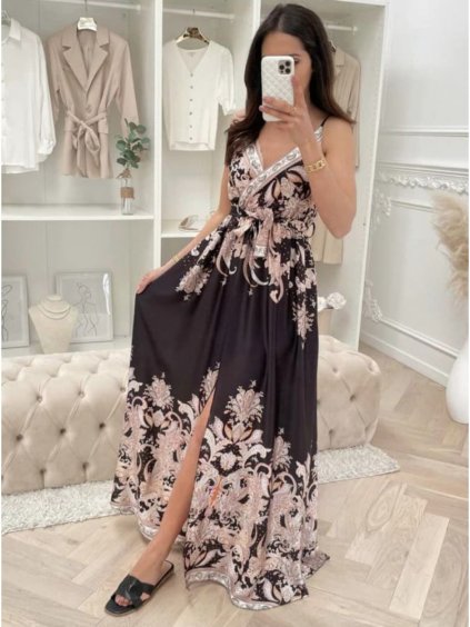 Šaty dlouhé letní na ramínka dámské (S/M ONE SIZE) ITALSKÁ MÓDA IMD23244/DU (Velikost S/M/L, Barva Černá)