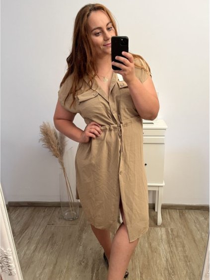 Šaty letní košilové krátký rukáv dámské nadrozměr (XL/2XL ONE SIZE) ITALSKÁ MÓDA IMWGM231561/DU (Velikost XL/2XL, Barva béžová)