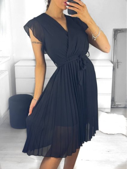 Šaty letní plisované krátký rukáv dámské (S/M ONE SIZE) ITALSKÁ MÓDA IM323355/DU (Velikost S/M/L, Barva Černá)