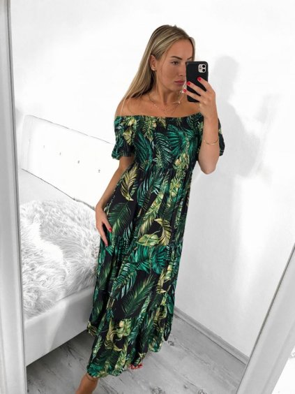 Šaty dlouhé letní carmen přes ramena dámské (S/M ONE SIZE) ITALSKÁ MÓDA IMM23M9550A-1/DU (Velikost S/M/L, Barva zelená)