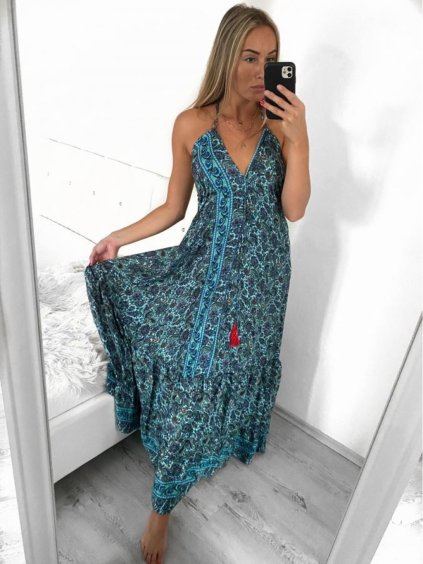Šaty dlouhé letní na ramínka dámské (S/M ONE SIZE) INDICKÁ MÓDA  IMM23PW5010-3/DU (Velikost S/M/L, Barva modrá)