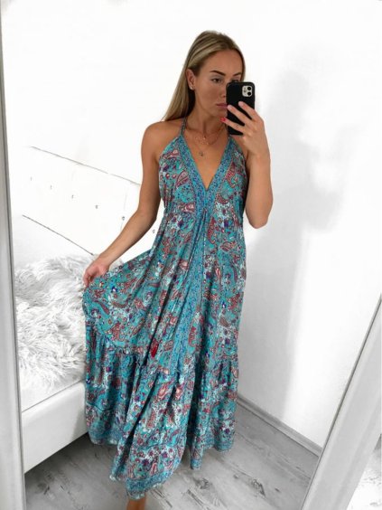 Šaty dlouhé letní na ramínka dámské (S/M ONE SIZE) INDICKÁ MÓDA  IMM23PW5010-4/DU (Velikost S/M/L, Barva modrá)