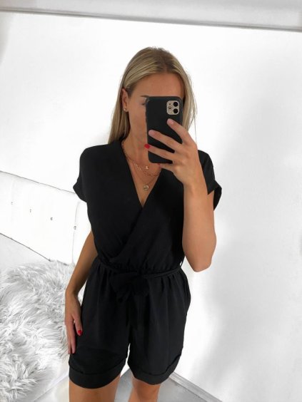 Overal krátký letní krátký rukáv dámský (S/M ONE SIZE) ITALSKÁ MÓDA IM3238106/DU (Velikost S/M/L, Barva Černá)