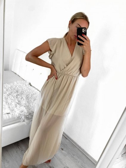 Šaty letní dlouhé šifonové krátký rukáv dámské (S/M ONE SIZE) ITALSKÁ MÓDA IMWMY232468/DU (Velikost S/M/L, Barva béžová)