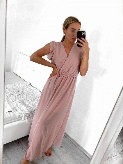 Šaty letní dlouhé šifonové krátký rukáv dámské (S/M ONE SIZE) ITALSKÁ MÓDA IMWMY232468/DU (Velikost S/M/L, Barva béžová)