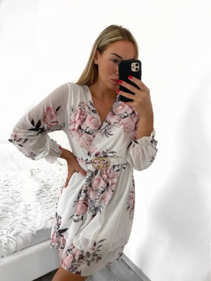 Šaty letní šifonové dlouhý rukáv dámské květované (S/M ONE SIZE) ITALSKÁ MÓDA IMWGB232304/DUR (Velikost S/M/L, Barva bílá)