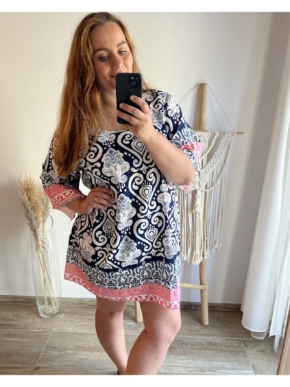 Šaty košilové oversize 3/4 rukáv dámské nadrozměr (L/4XL ONE SIZE) ITALSKÁ MÓDA IM423ALEX/DUR (Velikost 2XL/3XL, Barva modrá azurová)