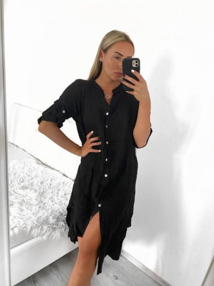 Šaty dlouhé lněné košilové dlouhý rukáv dámské (S/M ONE SIZE) ITALSKÁ MÓDA IMPLI2272014/DUR (Velikost S/M/L, Barva Černá)