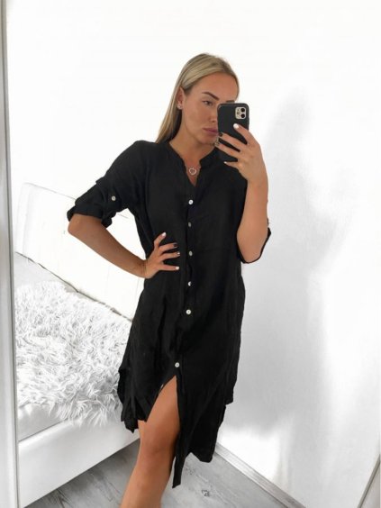 Šaty dlouhé lněné košilové dlouhý rukáv dámské (S/M ONE SIZE) ITALSKÁ MÓDA IMPLI2272014/DUR (Velikost S/M/L, Barva Černá)