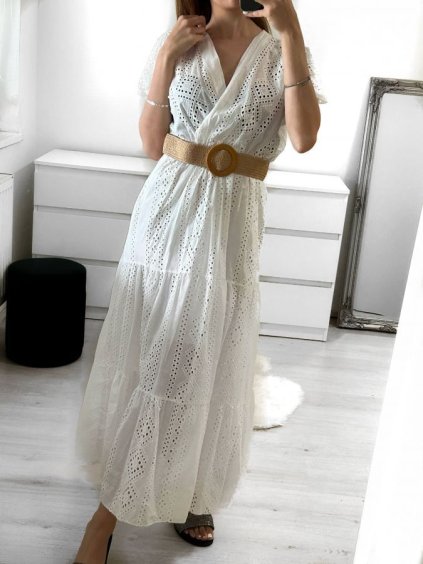 Šaty dlouhé letní boho krajkové s páskem krátký rukáv dámské (S/M ONE SIZE) ITALSKÁ MÓDA IMPLI2390184/DU (Velikost S/M/L, Barva bílá)
