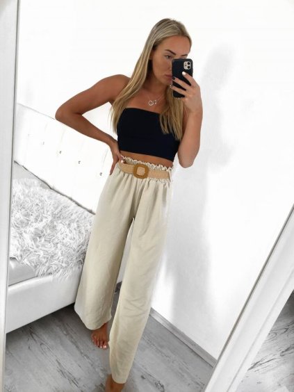 Kalhoty letní dlouhé volné s páskem dámské (S/M ONE SIZE) ITALSKÁ MÓDA IMPLI236388/DU (Velikost S/M/L, Barva béžová)