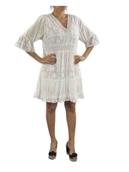 Šaty letní krajkové boho krátký rukáv dámské (S/M/L/XL ONE SIZE) ITALSKÁ MÓDA IMP1682321121/DUR (Velikost L/XL, Barva bílá)